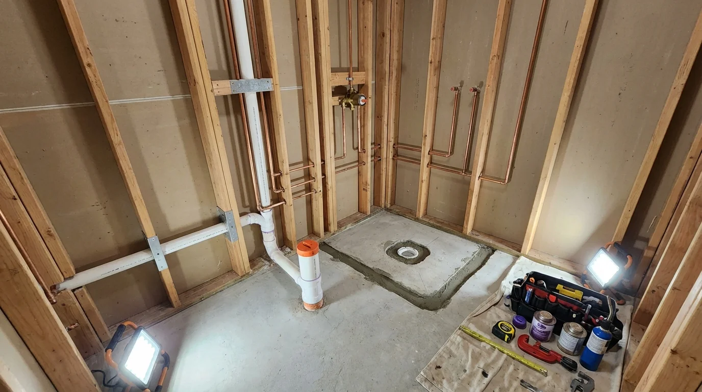 Bathroom rough-in plumbing during remodel by Johns Plumbing LLC in Hildebran