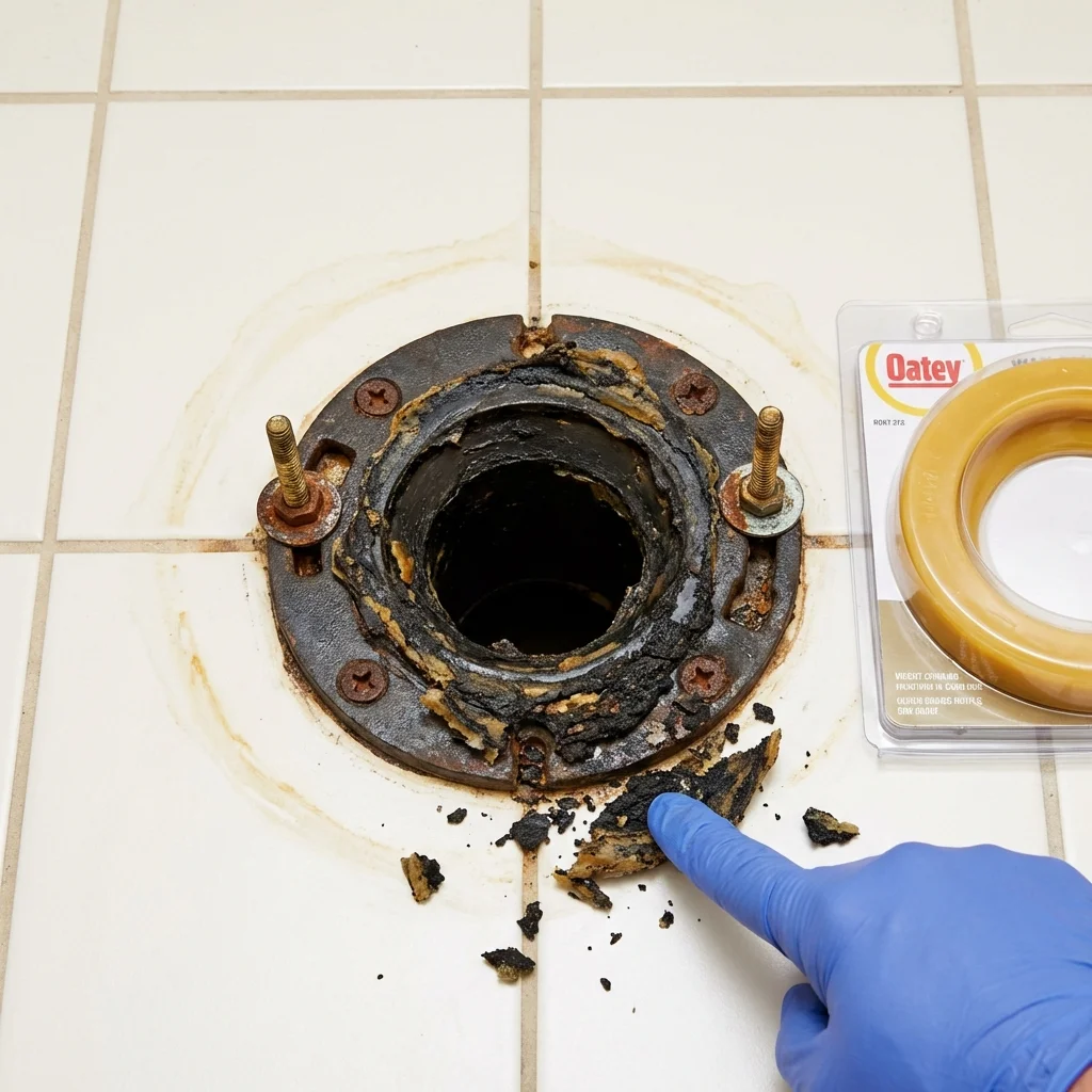 Failed wax ring showing water seepage at the base of a toilet in a Hildebran, NC home